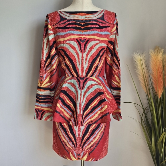 Mara Hoffman, Red Phoenix Boho Print Peplum Mini Dress, Size 6 - Picture 7 of 11